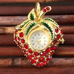 Strawberry Xanada Watch Pendant Red Pave Crystals Gold Tone